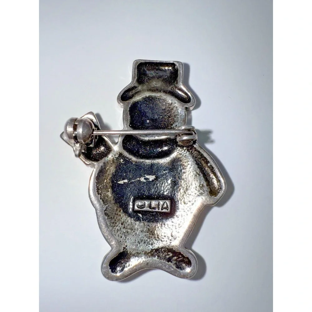 Vintage Signed Lia Enamel‎ & Marcasite Snowman Brooch — Rhinestone Christmas Pin